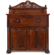 A rare Colonial Australian secretaire with Thomas Hope scroll back, shield doors and turn half columns, Tasmanian origin, circa 1840