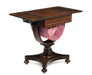 A Colonial sewing table, Australian cedar, Tasmanian origin, circa 1835, dropside with cross banded cedar edge, drawer fitted with cedar compartments,