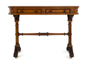 W. H. ROCKE & Co. 1880 Melbourne International Exhibition writing table, fiddleback blackwood, huon pine and walnut. This fine table was displayed on the Rocke and Co. stand at the Great Exhibition where the exhibit won a silver medal in the Victorian sec