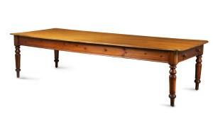 An impressive farmhouse kitchen table, turned legs and single drawer at one end, kauri pine, South Australian origin, circa 1875