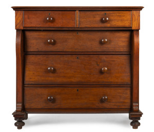 A Colonial five drawer cantilever chest with square-shaped serpentine columns, New South Wales origin, circa 1840