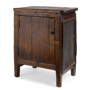 A rustic bench top meatsafe, eucalypt and pine with zinc sides, 19th century