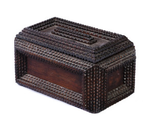 An Australian tramp art jewel box, carved cedar, circa 1895 red velvet lined interior