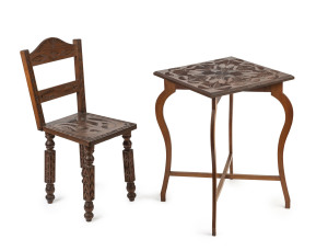 Isaac Albert Newton Australian chip carved table and chair, kauri pine, circa 1900