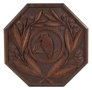 Isaac Albert Newton carved wooden kookaburra plaque, early 20th century