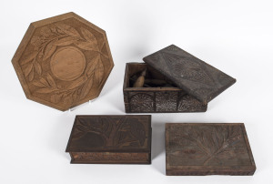 Isaac Albert Newton Carved floral plaque and three boxes (one containing Newton's tools), early 20th century 