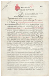 Mount Copeland Gold Mining Company 1912 lease of land in the N.S.W. Hunter & Macleay Mining District (Newcastle), signed by N.S.W. Governor, Frederic John Napier Thesiger, 1st Viscount Chelmsford, with a small hand-drawn map showing the relevant piece of 