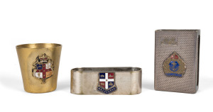 Enamel and silver vesta, silver plated napkin ring and a gold wash beaker with enamel coat of arms, 19th/20th century