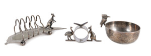 Australian silver plated kangaroo toast rack, emu and kangaroo napkin ring and kookaburra bowl, 19th and 20th century