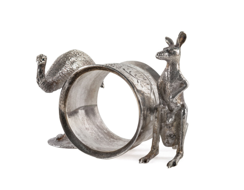 An Australian silver napkin ring with finely modelled emu and kangaroo with joey, 19th/20th century 