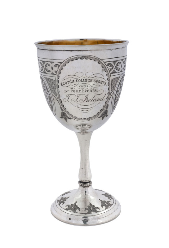 SCOTCH COLLEGE Sterling Silver athletics trophy, engraved "Scotch College Sports 1871 Four Events, T Ireland"