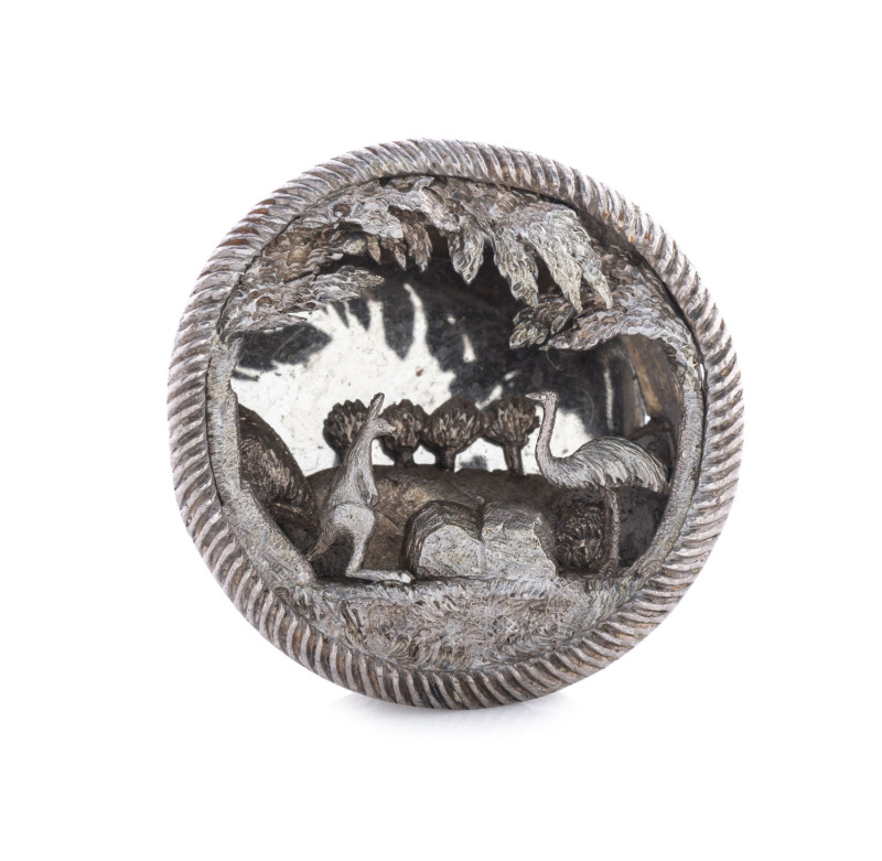 J.M. WENDT (attributed), South Australian silver emu egg cameo insert with kangaroo and emu scene, 19th century