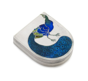 WILLIAM MARK Australian silver box with enamel peacock motif, interior also enamelled and mirrored, 20th century