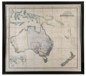 Stanford's Library Map of Australasia constructed by A. Keith Johnston, first edition steel engraved and hand coloured map, circa 1859, dissected into 48 sectionslaid down on linen, framed and glazed,155cm x 174cmThe latest explorer's track shown in this 