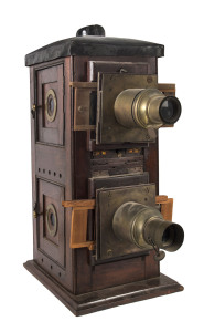 Magic Lantern upright double, cedar case, 19th century