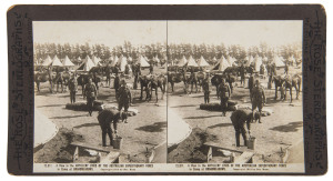 THE AUSTRALIAN EXPEDITIONARY FORCE 1914: A collection of 11 "Rose" stereographs depicting "BROADMEADOWS, Dinner Time - Assembling at the Camp Kitchen"; "A View in the Artillery Lines....in Camp at Broadmeadows; "Ready for the Front"; "A City of Tents...at