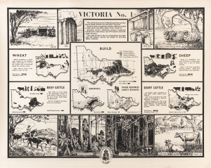 Department of Education Victoria series of 4 posters, each 64 x 81, circa 1950 and numbered 1 (primary production), 2 (railways, electricity, airways, etc.), 3 (sheep, wheat, wool, etc.) & 4 (beef, dairy, forestry, etc.). Unknown artist or printer. Each a