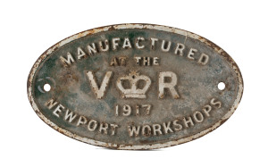 Victorian Railways engine plate, painted cast iron, "V.R, Manufactured At The Newport Workshops 1917"