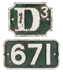 Victorian Railways Dd class engine and tender plates "671" and "D3", painted cast iron, circa 1917