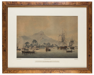 JAMES CLEVELEY (ACTIVE 1780s) View of Huaheine one of the Society Islands in the South Seas (The Arrival of Captain Cook) aquatint