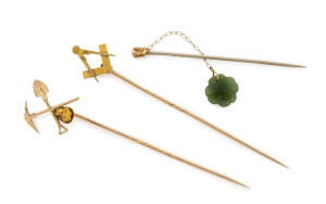 Three gold stickpins, goldfields, Masonic and New Zealand, 19th century