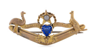 ALFRED JACKSON "Advance Australia" 9ct gold brooch set with seed pearl and blue stone, 19th century