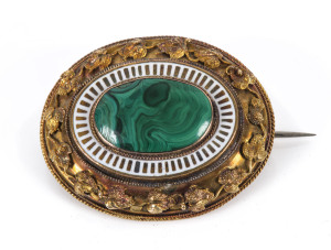 J.M. WENDT (attributed) mourning brooch, yellow gold and malachite with hair lock back, South Australian origin, 19th century,