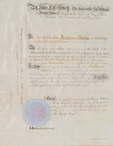 Government Appointment of the Honorable Graham Berry to become Premier & Treasurer of the Colony of Victoria in 1875, signed by Graham Berry & Sir William Foster Stawell, Chief Justice of the Colony of Victoria. Blind embossed seal, mounted & framed. 35 x