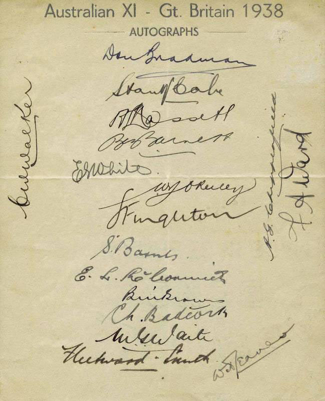 THE 1938 AUSTRALIAN CRICKET TEAM, official team sheet with 17 signatures including Don Bradman, Stan McCabe, Sid Barnes, Bill O'Reilly & Lindsay Hassett. In remarkably fine condition, with all signatures in ink.