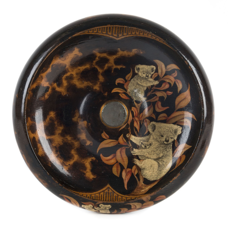 A pokerwork nut bowl decorated with 4 koalas, huon pine, circa 1920