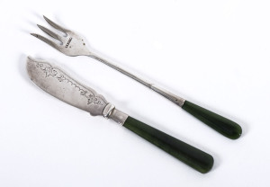 A child's sterling silver knife and fork with greenstone handles, New Zealand, early 20th century