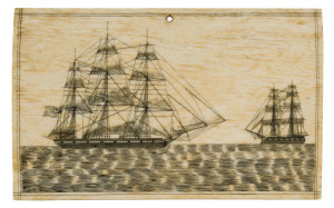 A scrimshaw pan bone plaque depicting English tall ships, 19th century