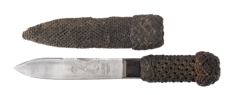 A whaler's knife with fine woven leather scabbard and handle with Turkmans knot, 19th century