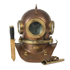 A Russian diving helmet and diver's knife, copper and brass