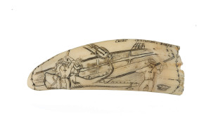 A scrimshaw whales tooth titled "Ship Susan. 1871" with whaling limerick on reverse