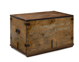 A ship's trunk, kauri pine and steel, 19th century, painted "ALEXANDER DUNLOP Steerage for Ship "CHARMER" Not Wanted on the Voyage"