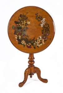 JEMIMA (MIMA) STORMANT Tilt-top occasional table, Tasmanian huon pine with painted floral board by Jemima Stormant, circa 1880. Jemima Stormant was the only child of John Stormant the overseer at MT. MORRISTON in Tasmania, she married Robert Scott the son