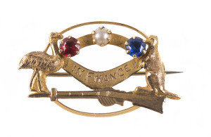 ALFRED JACKSON (Fremantle, WA) "In France" WW1 period brooch with emu, kangaroo, boomerang and rifle set with seed pearl and stones, stamped 9ct with pictorial marker's mark