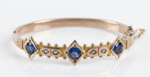 WILLIS BROTHERS, Melbourne antique 9ct gold bangle set with three impressive sapphires and seed pearls, circa 1870