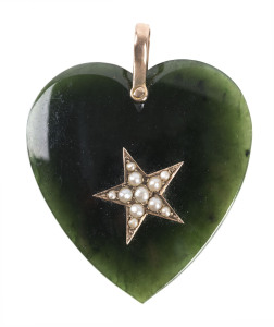 A New Zealand greenstone heart pendant with gold and seed pearl adornment, 19th century