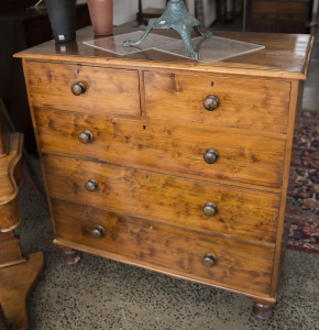 A Colonial five drawer chest, solid birdseye huon pine, Tasmanian origin, circa 1840, huon pine secondary timbers and turned blackwood knobs