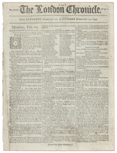 THOMAS MUIR ESCAPES BOTANY BAY ON THE "OTTER": THE LONDON CHRONICLE Feb. 11-14, 1797:A short article giving an update on this notorious series of events. Also, armed robberies in Belgium, bankruptcies in London, a trial for seditious libel; the "wholesome