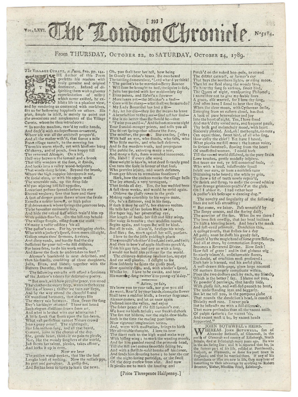 FIRST FLEET & BOTANY BAY: THE LONDON CHRONICLE October 22-24, 1789:Includes a very detailed, full column description of the book about to be published, "Governor Phillip's VOYAGE to BOTANY BAY." With a list of engravings and charts, a list of the booksell