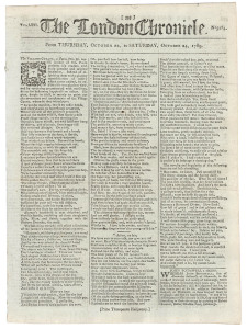 FIRST FLEET & BOTANY BAY: THE LONDON CHRONICLE October 22-24, 1789:Includes a very detailed, full column description of the book about to be published, "Governor Phillip's VOYAGE to BOTANY BAY." With a list of engravings and charts, a list of the booksell