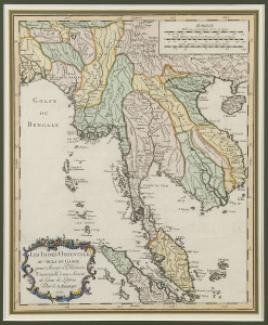 "LES INDES ORIENTALES AU-DELA DU GANGE....par le S.ROBERT. 1762" [Paris] 38 x 30cm. A detailed map of Indochina from Singapore to Burma to Vietnam. Shows mountains and rivers and was a very up to date map for this period.