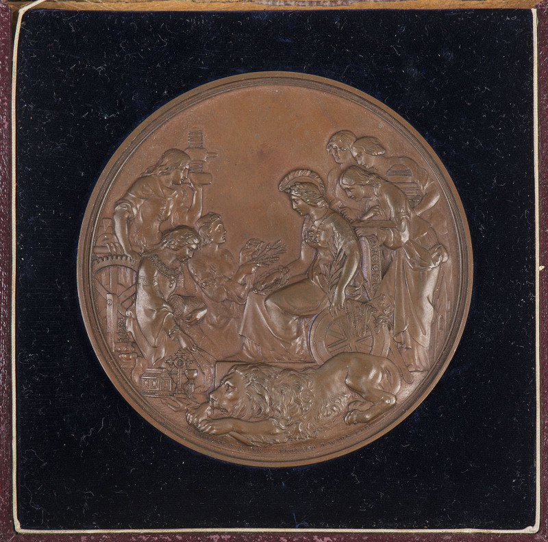 1862 International Exhibition, London:  Bronze medallion (76mm) Britannia seated above crouching lion surrounded by six women representing Industry, Agriculture and the Arts, reverse '1862 / LONDINI / HONARIS / CAUSA' within wreath, 'L.C. WYON. FEC' at ba