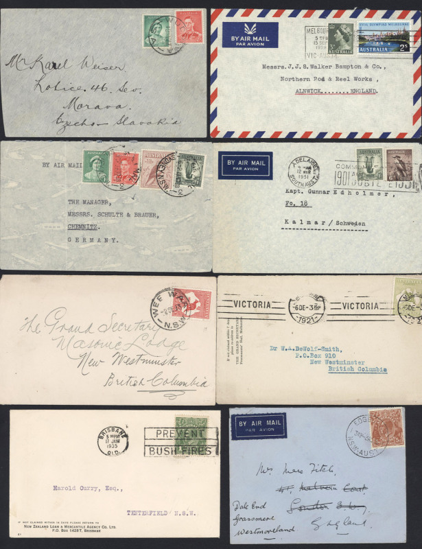 COMMONWEALTH OF AUSTRALIA: General & Miscellaneous: 1913-64 group of covers with single and mixed frankings. With 3 'Roo covers to Br. Columbia (1d x2 & 3d x1), KGV heads (6), then a mixed range, with frankings to 2/3, many franked 2/-, registered and/or