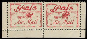 COMMONWEALTH OF AUSTRALIA: Aerophilately & Flight Covers: Sept. 1920 (AAMC.51c) "Pals" Air Mail vignettes; a horizontal pair with selvedge at sides and base and full gum. Multiples are scarce. (2) Cat.$400+