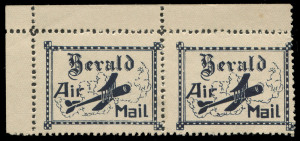 COMMONWEALTH OF AUSTRALIA: Aerophilately & Flight Covers: April 1922 (AAMC.64a) "Herald" Air Mail vignettes; a horizontal pail with selvedge at left & top, mint with full gum. Multiples are scarce. (2). Cat.$400+