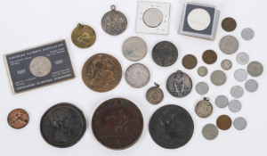 Medals: 1876 Philadelphia International Exhibition: bronze medal awarded by the United States Centennial Commission, 75mm; together with two French metal plaques and assorted coins, medallions, etc. (35+ items).